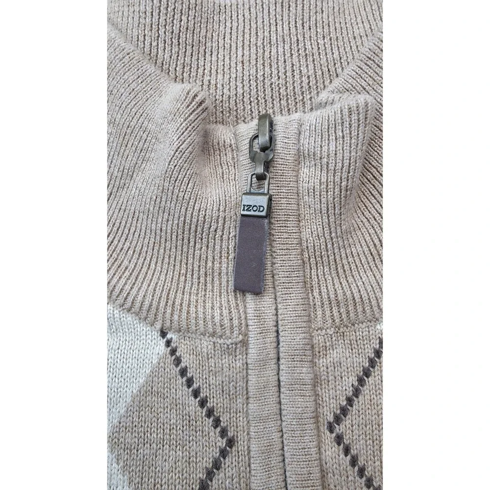 IZOD Men's Full-Zip Argyle Sweater – Size XL – Tan/Beige – 100% Cotton